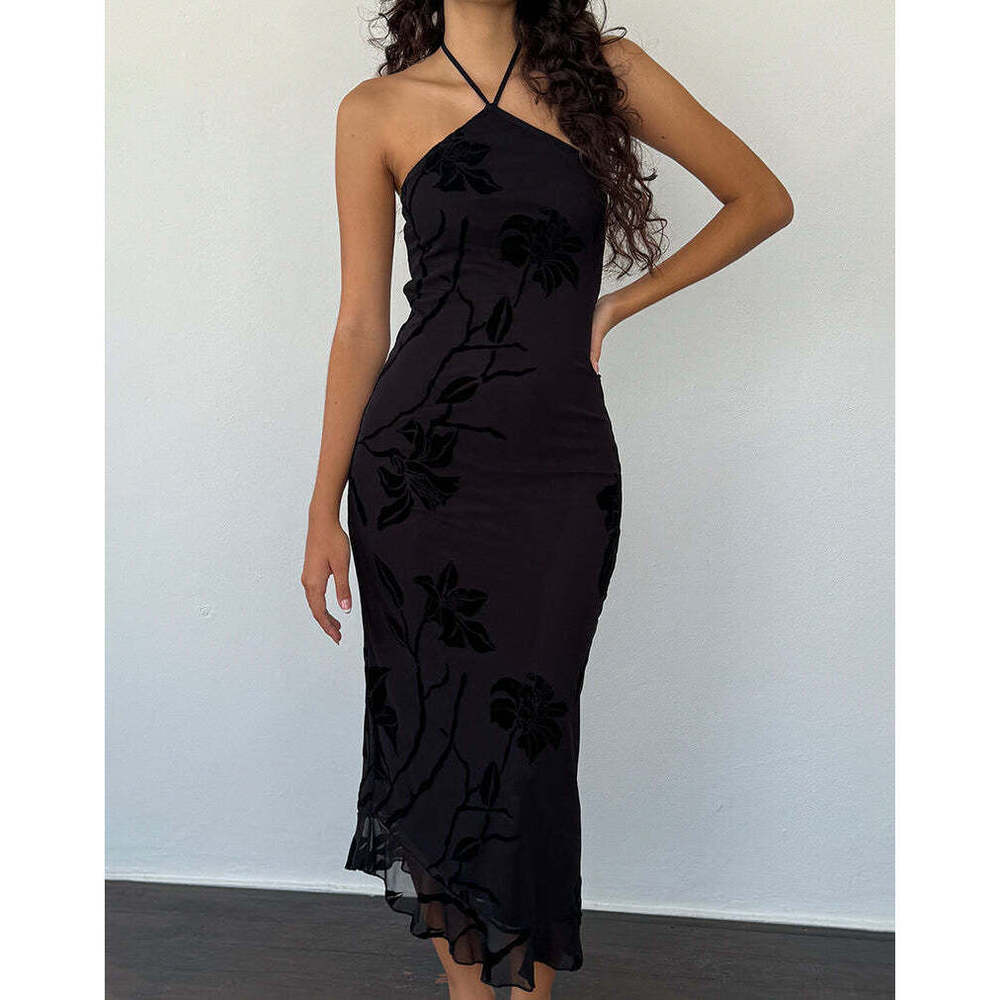 Motel Rocks Ribka Halterneck Midi Dress in Orchids Flock Black M